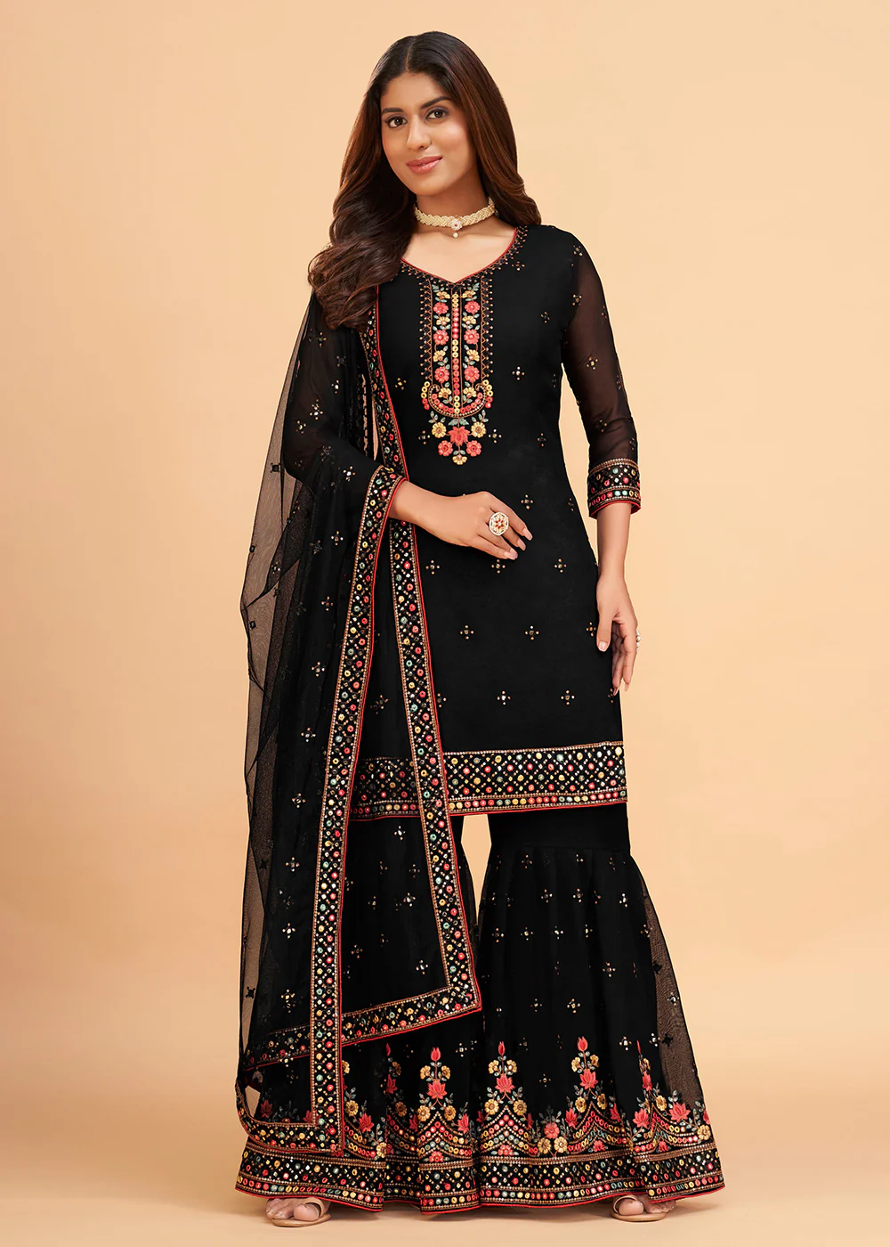 Dazzling Black Wedding Embroidered Sharara Suit - Image 4