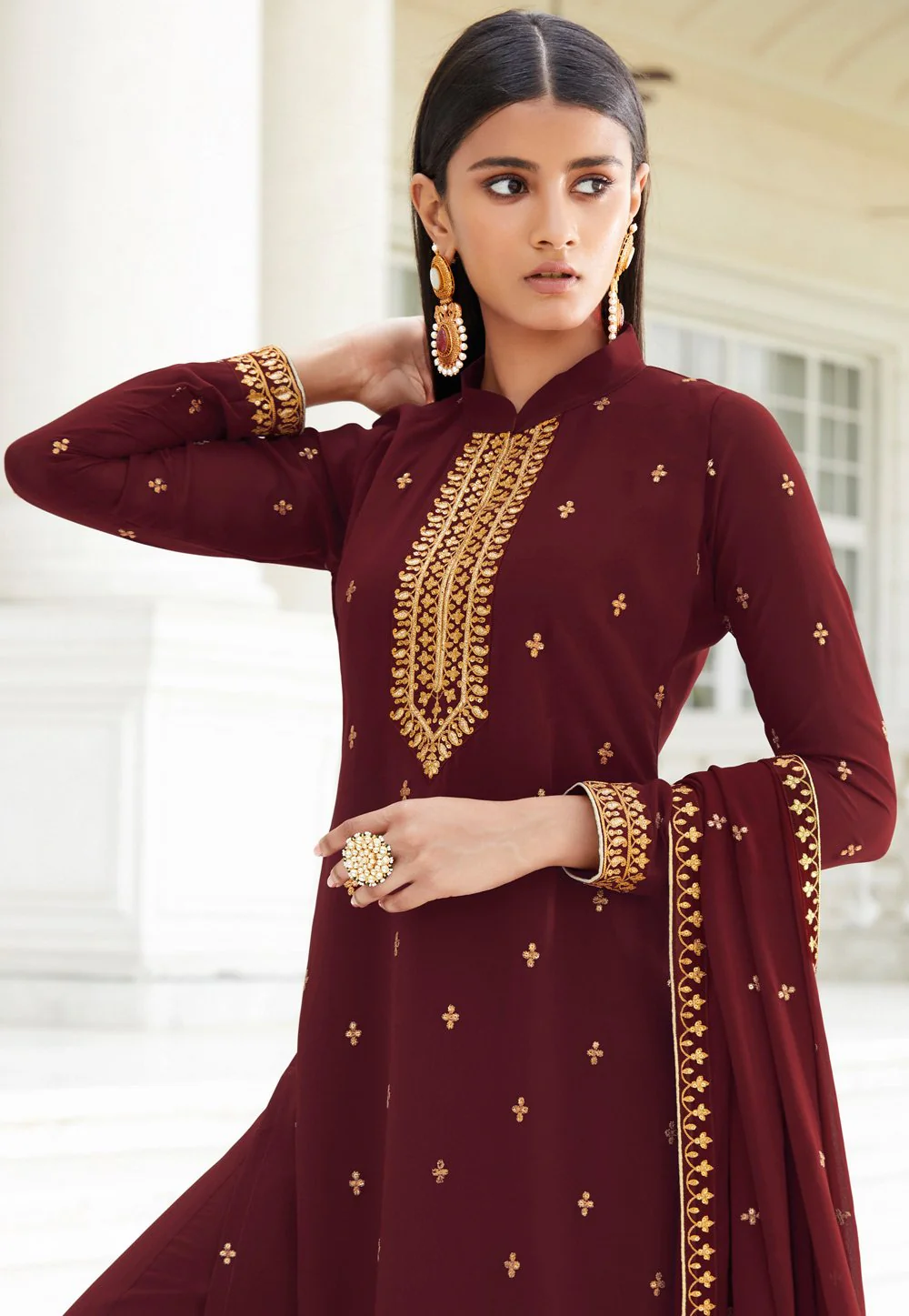 Dazzling Maroon Zari Embroidered Flared Palazzo Suit - Image 2