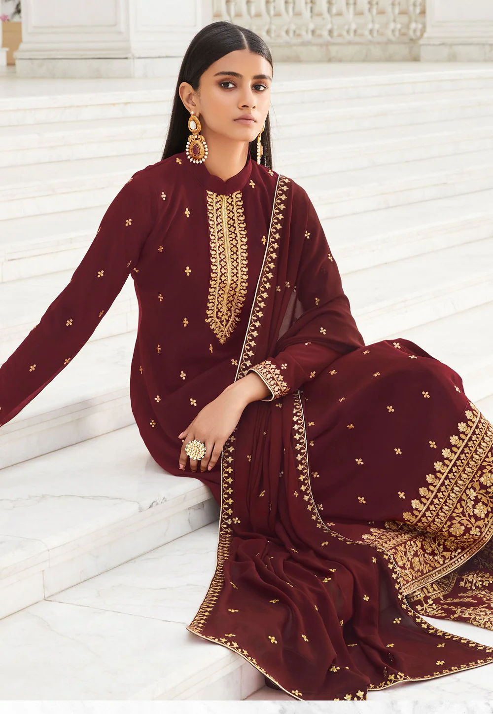 Dazzling Maroon Zari Embroidered Flared Palazzo Suit - Image 3