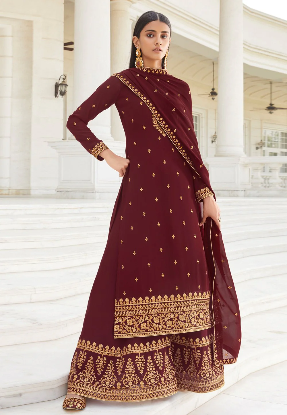 Dazzling Maroon Zari Embroidered Flared Palazzo Suit - Image 4