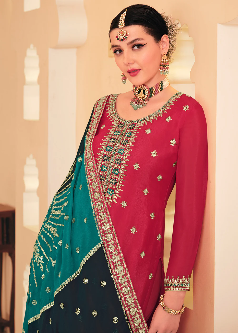 Dazzling Red Embroidered Chinnon Pant Style Salwar Kurta - Image 2