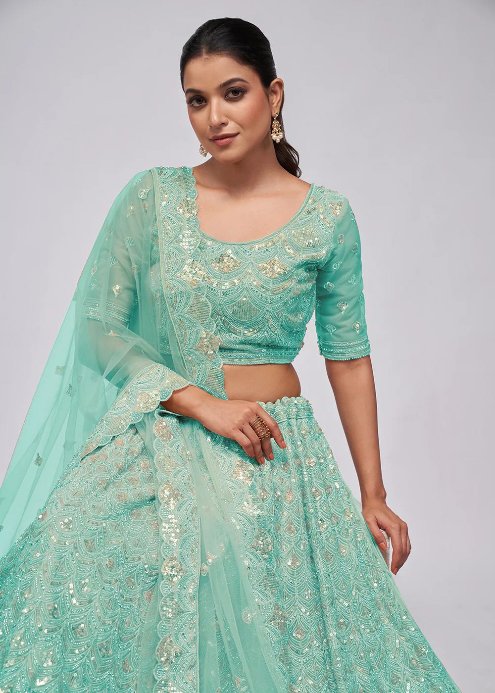 Dazzling Sky Blue Bridal Embroidered Designer Lehenga Choli - Image 2
