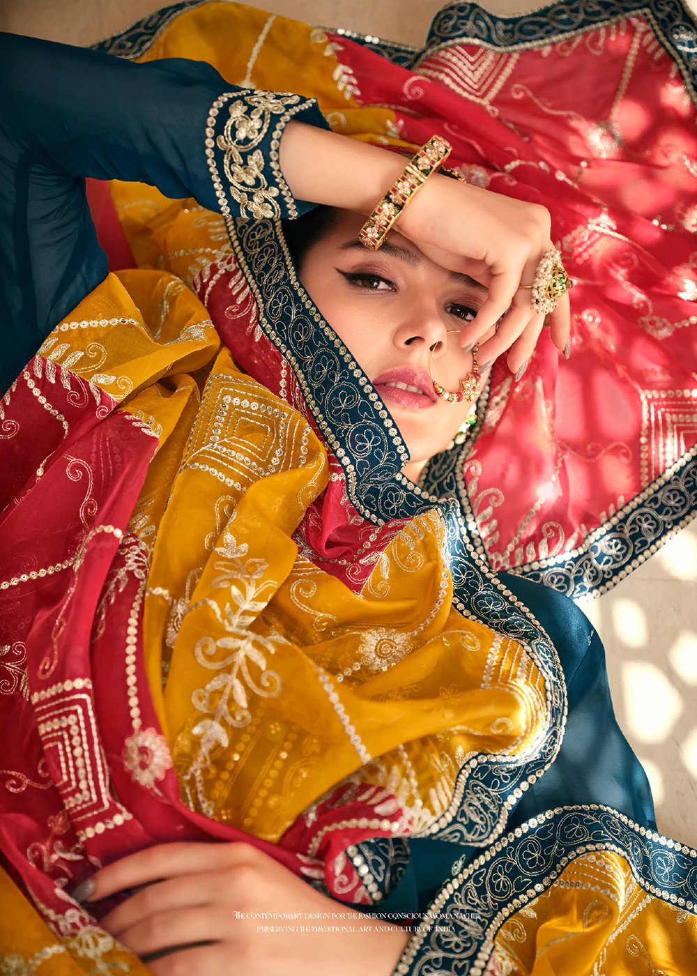 Dazzling Teal Embroidered Chinnon Palazzo Salwar Kurta - Image 2
