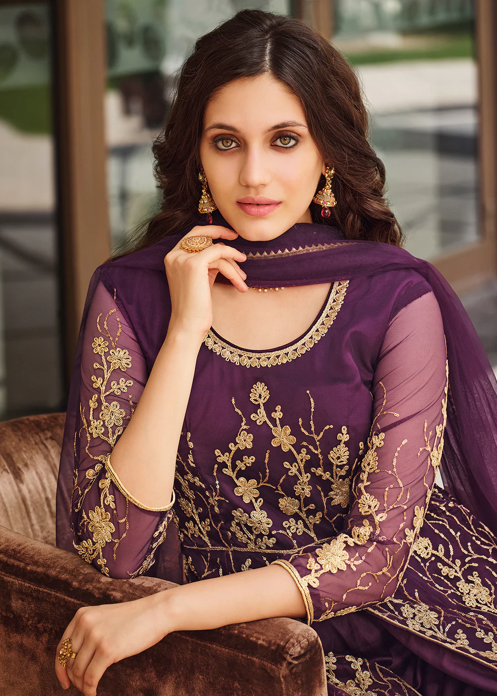 Dazzling Wine Purple Designer Front Slit Anarkali Dress - Image 2