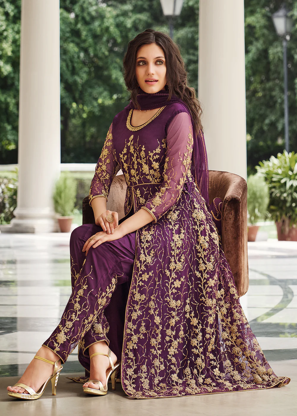 Dazzling Wine Purple Designer Front Slit Anarkali Dress - Image 3