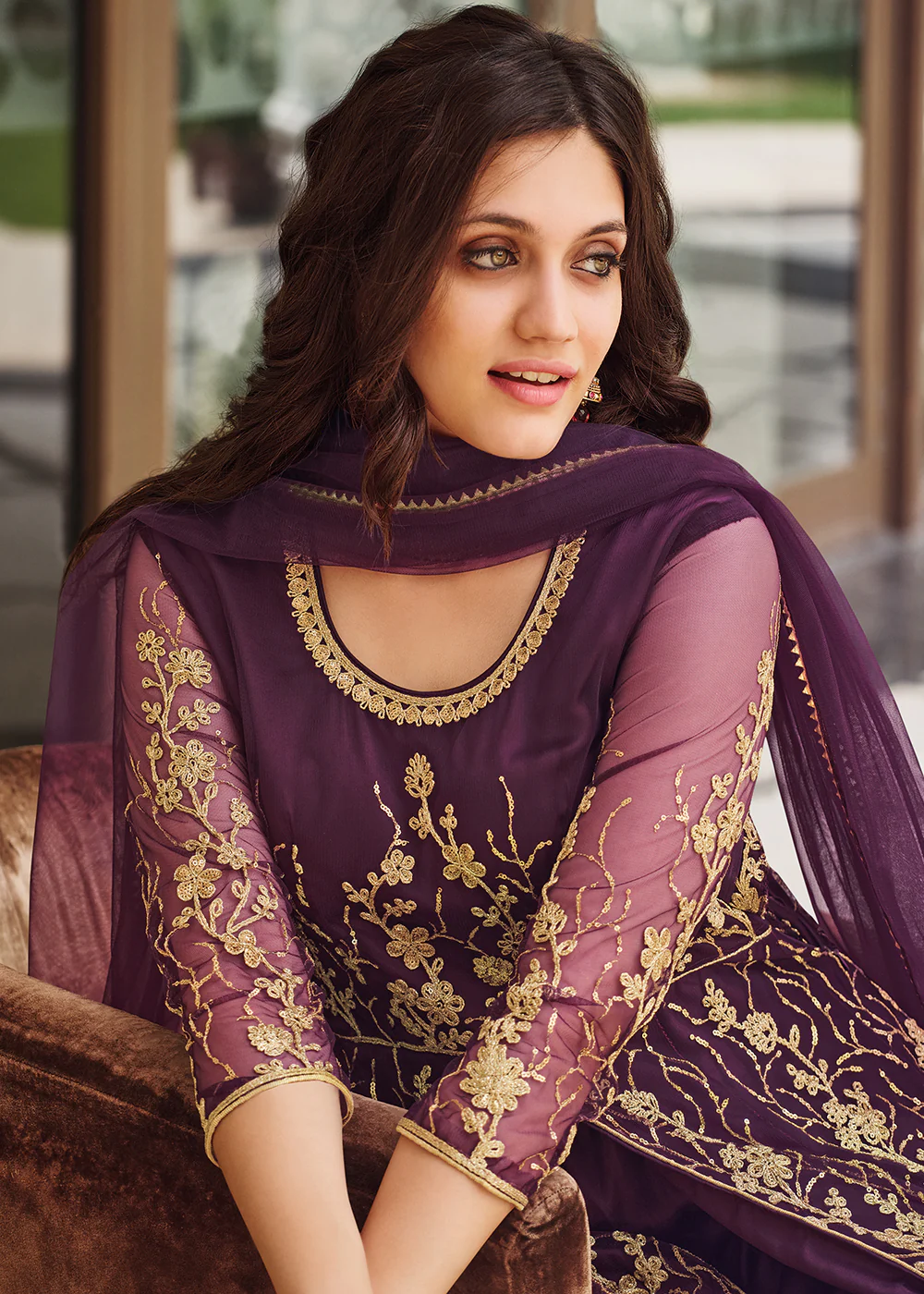 Dazzling Wine Purple Designer Front Slit Anarkali Dress - Image 4