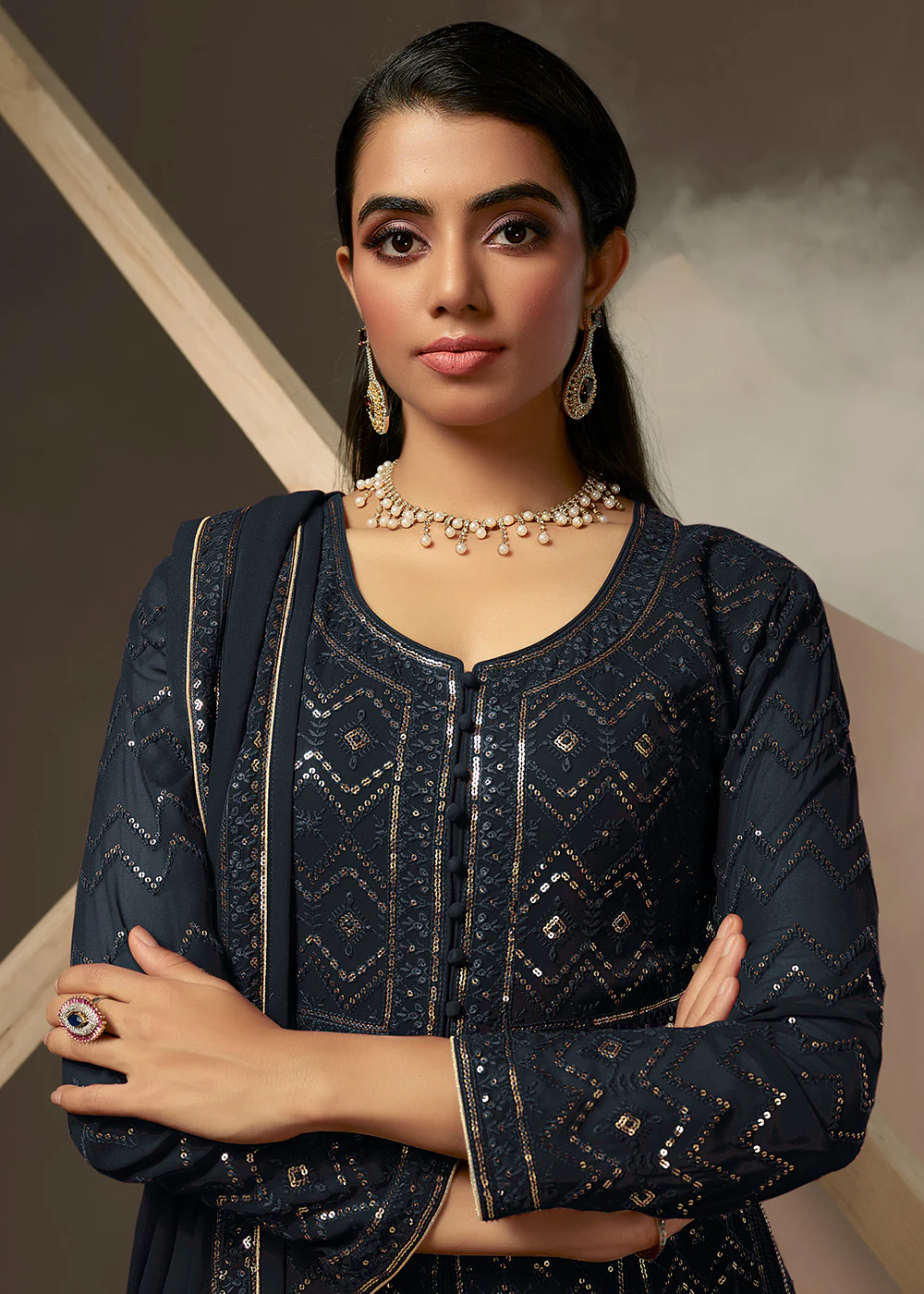 Deep Blue Lucknowi Style Embroidered Georgette Gown - Image 2