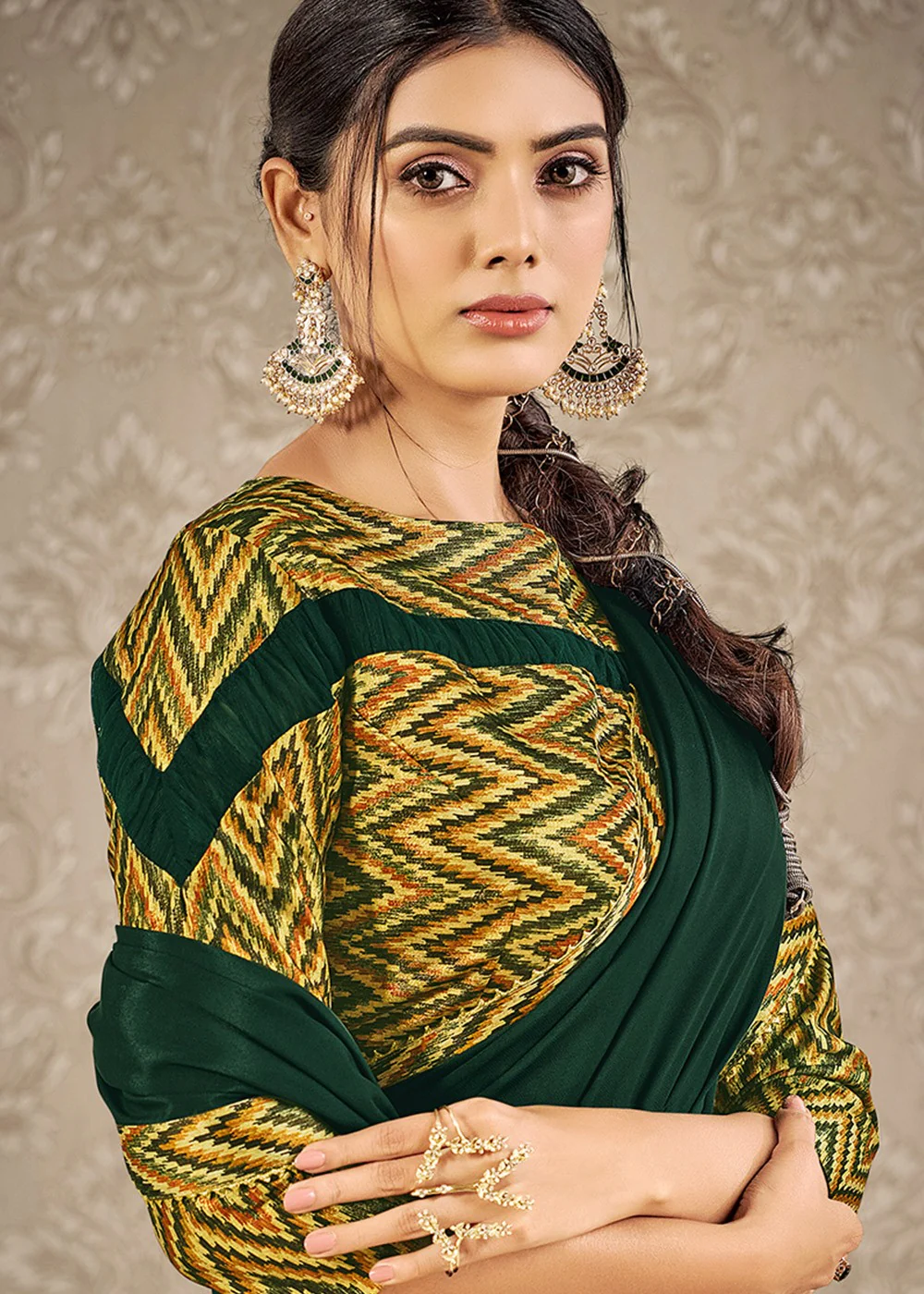 Deep Green Digital Print Satin Silk Designer Saree - Image 2
