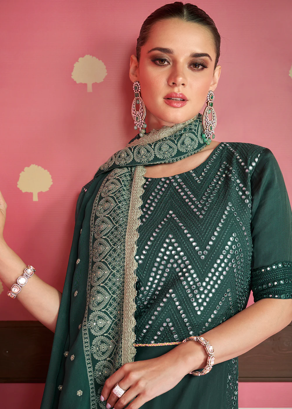 Deep Green Two Layer Lucknowi Embroidered Bridesmaid Anarkali Gown - Image 2