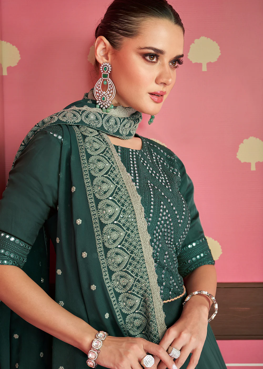 Deep Green Two Layer Lucknowi Embroidered Bridesmaid Anarkali Gown - Image 3