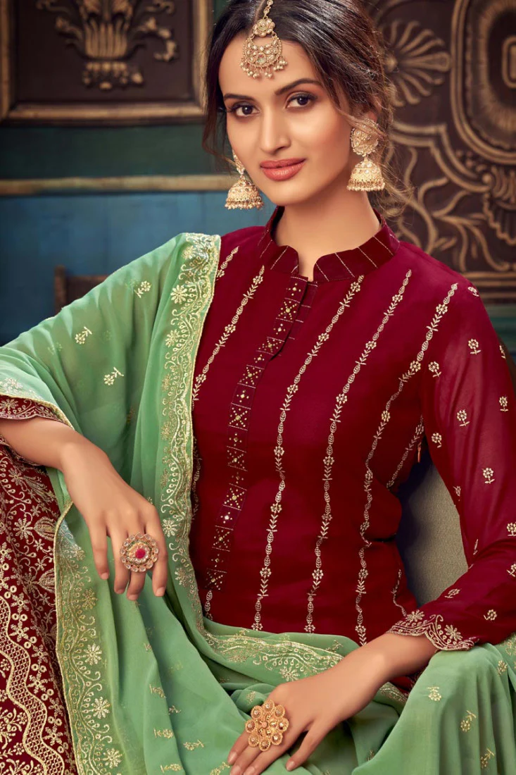 Deep Maroon Faux Georgette Pakistani Sharara Suit - Image 2