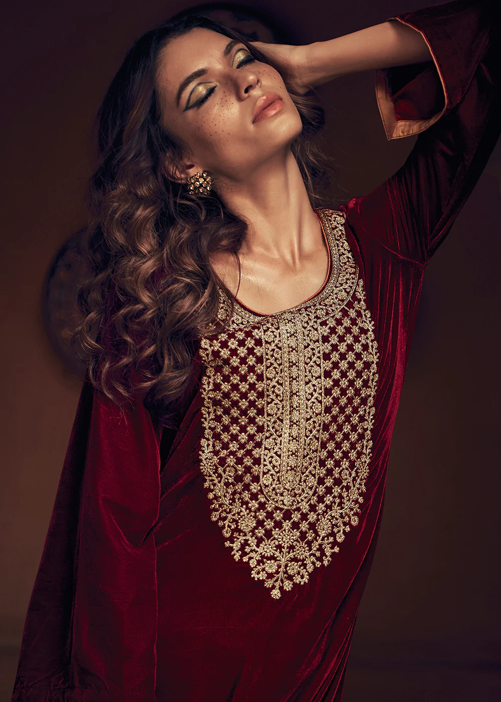 Deep Maroon Velvet Embroidered Pant Salwar Suit - Image 3