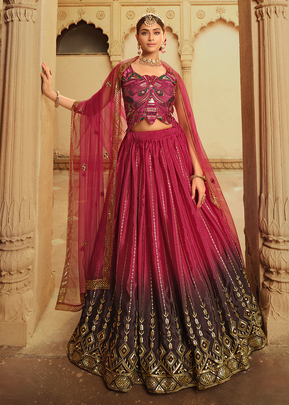 Deep Pink to Purple Multi Color Sequins Festive Lehenga Choli