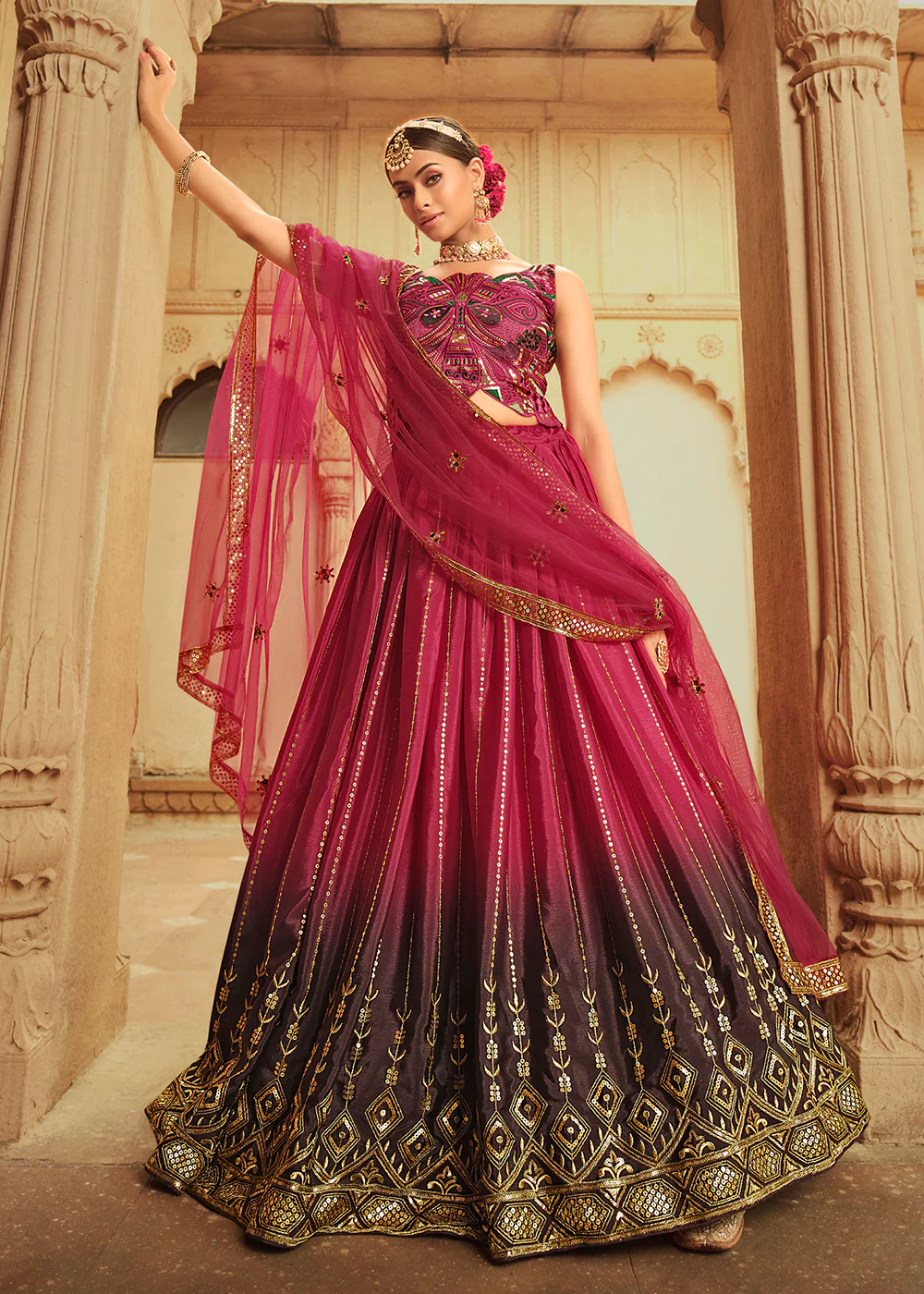 Deep Pink to Purple Multi Color Sequins Festive Lehenga Choli - Image 3