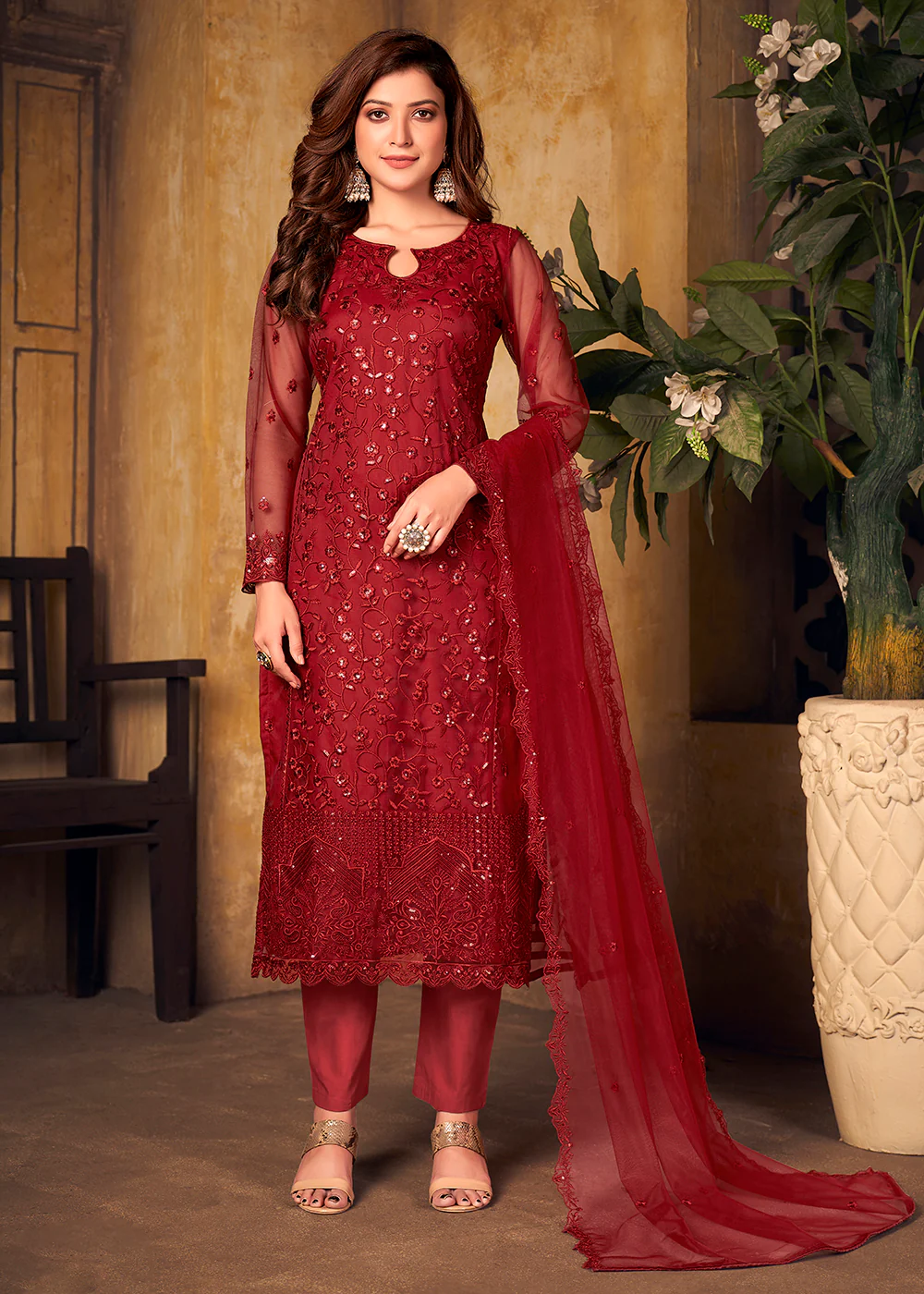 Deep Red Tone to Tone Embroidered Net Salwar Kameez