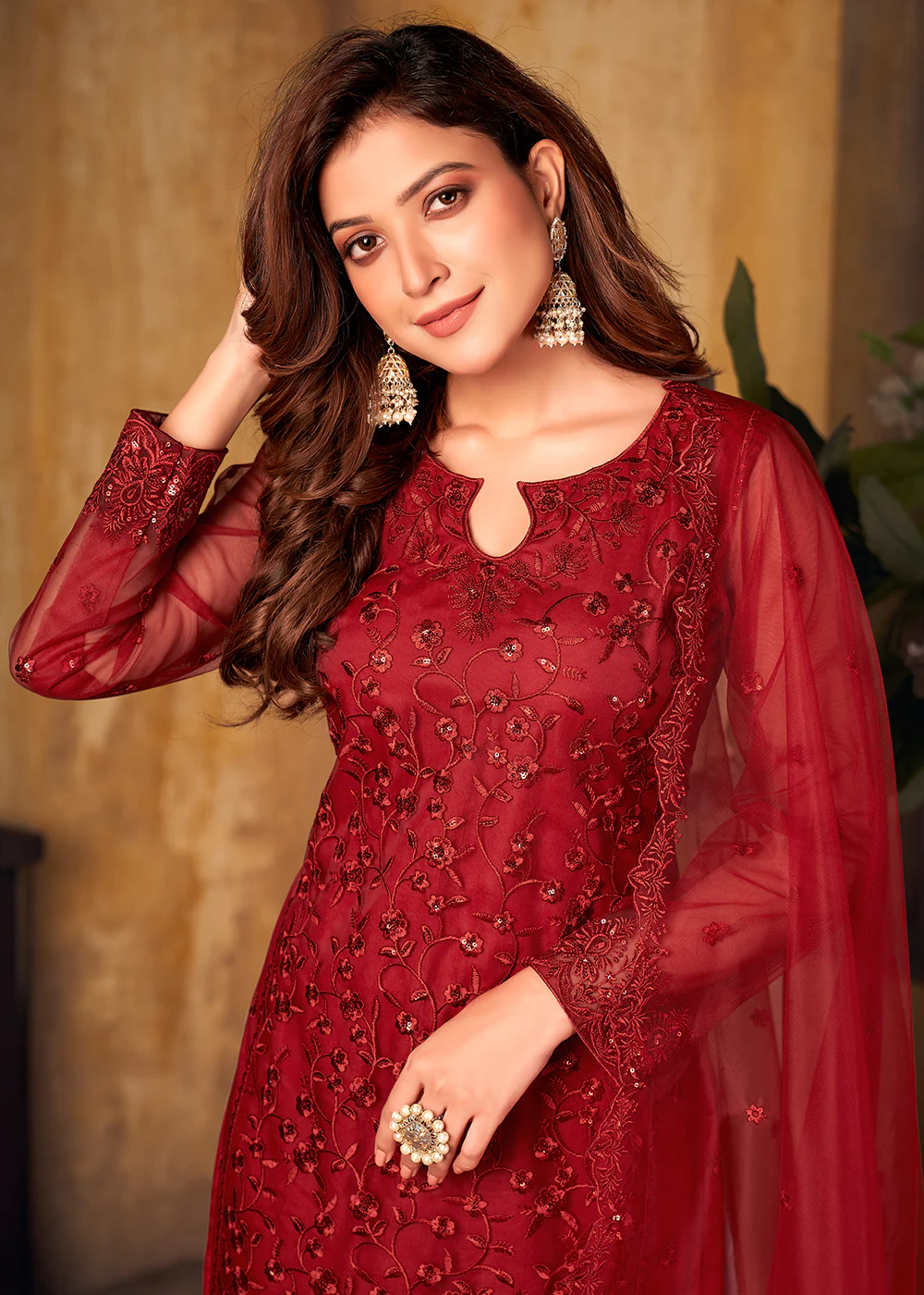 Deep Red Tone to Tone Embroidered Net Salwar Kameez - Image 2
