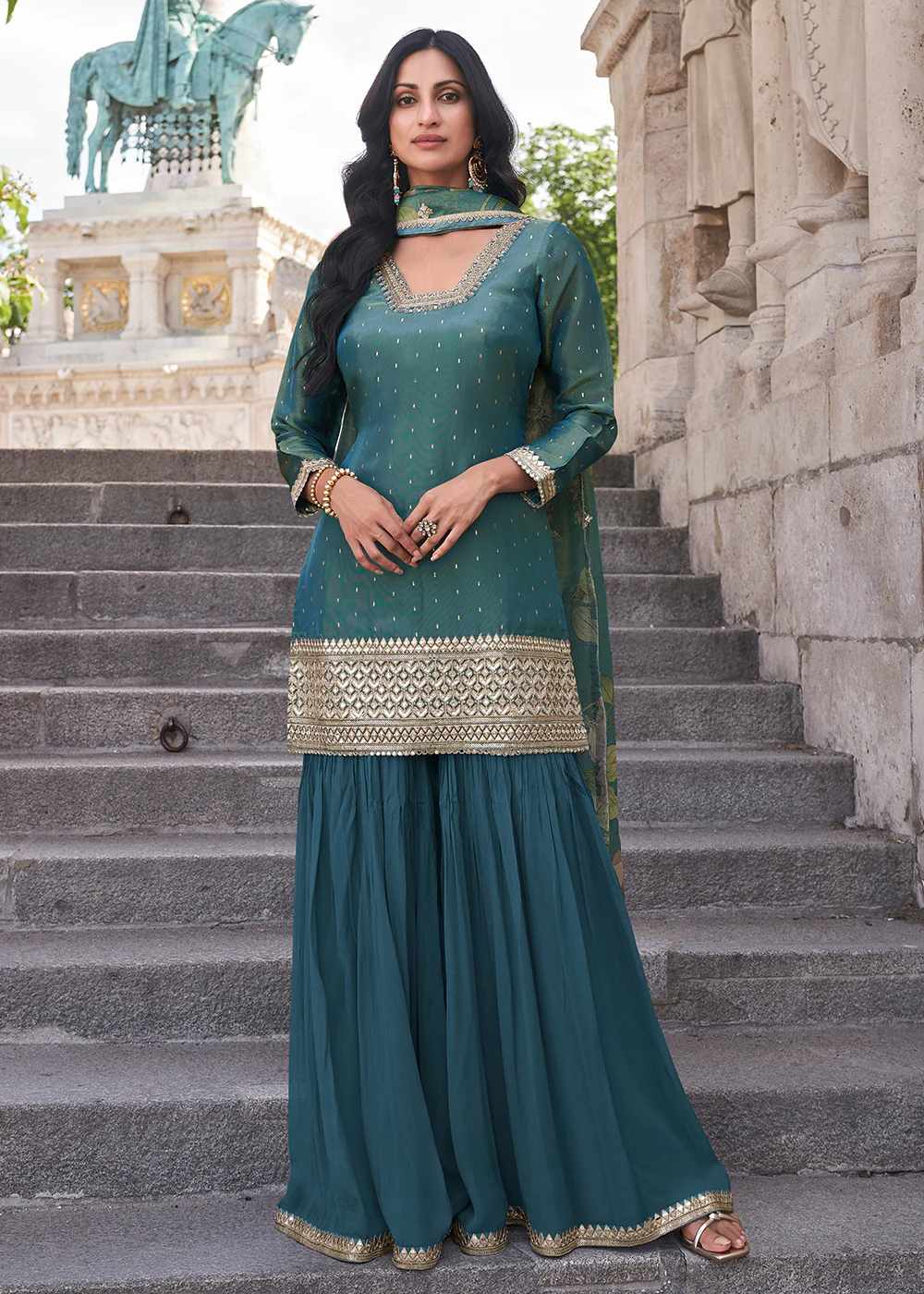 Deep Teal Festive Style Chinnon Gharara Style Suit