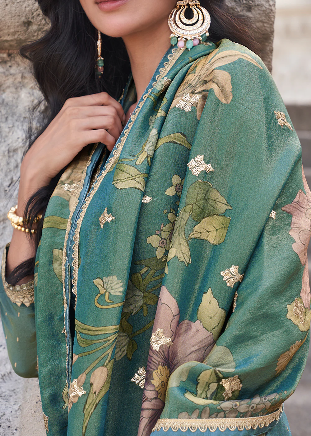 Deep Teal Festive Style Chinnon Gharara Style Suit - Image 3