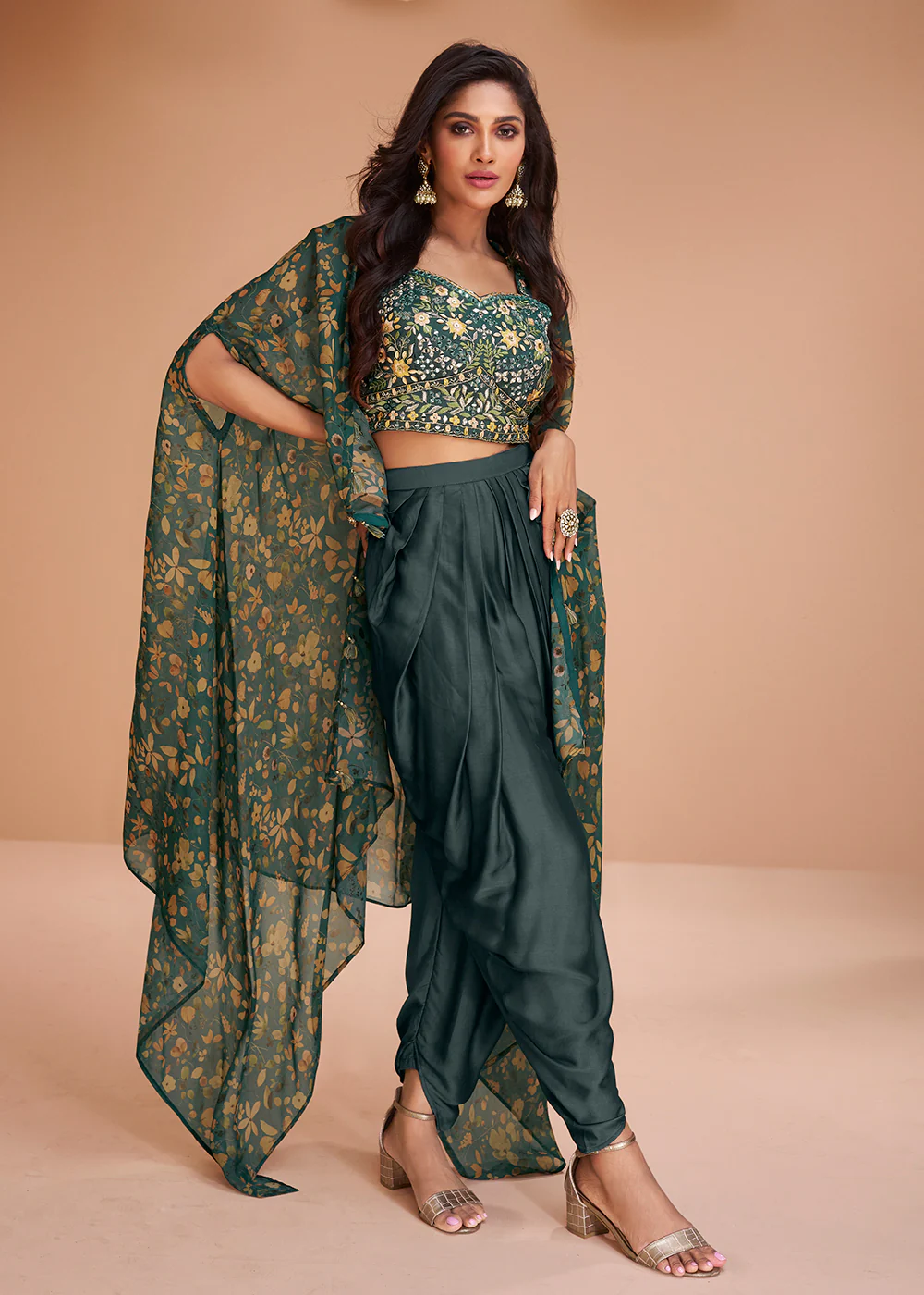 Deep Teal Satin Silk Indo Western Style Dhoti Pant Suit - Image 3