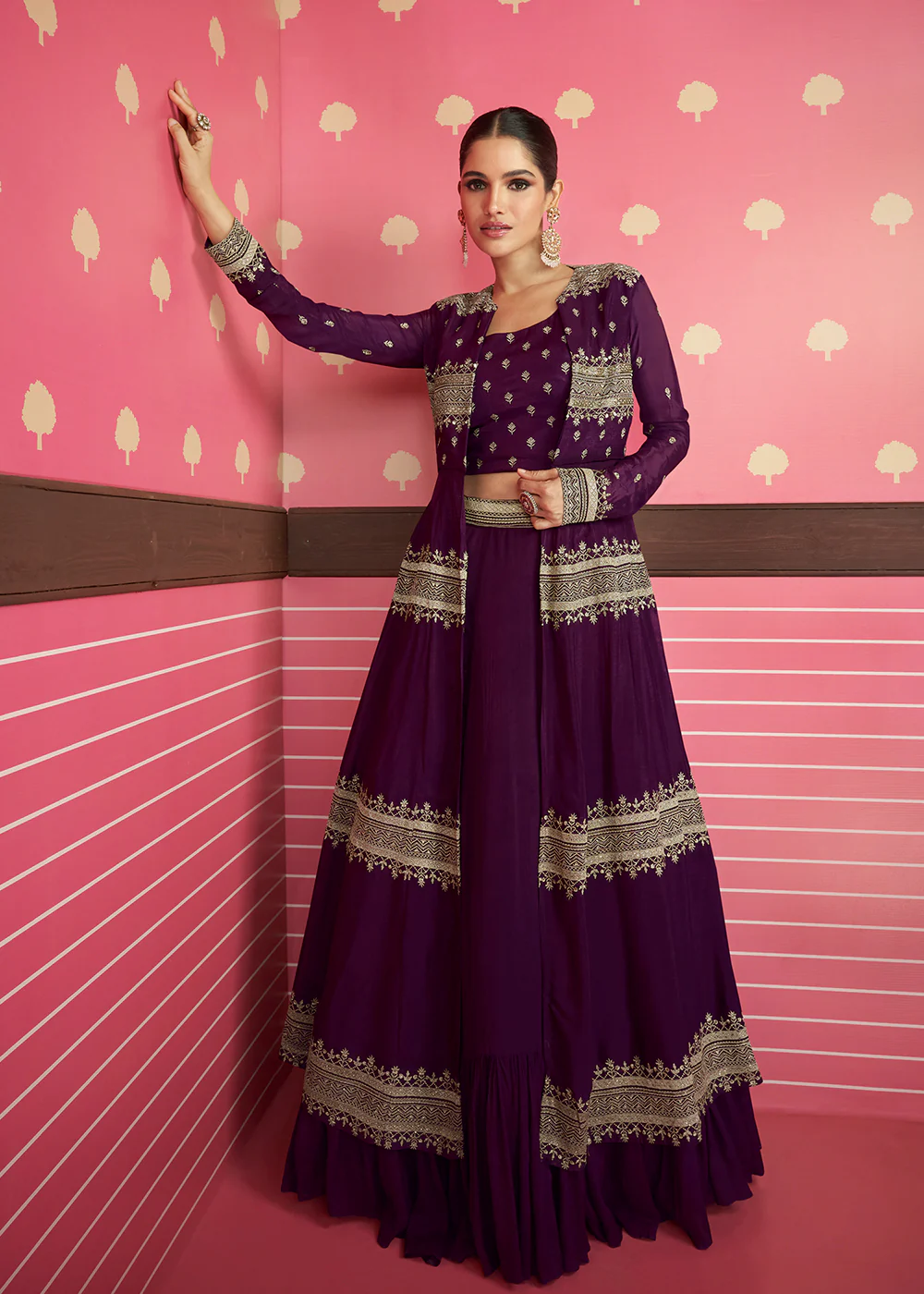 Deep Wine Georgette Party Wear Lehenga Choli with Jacket - Image 3
