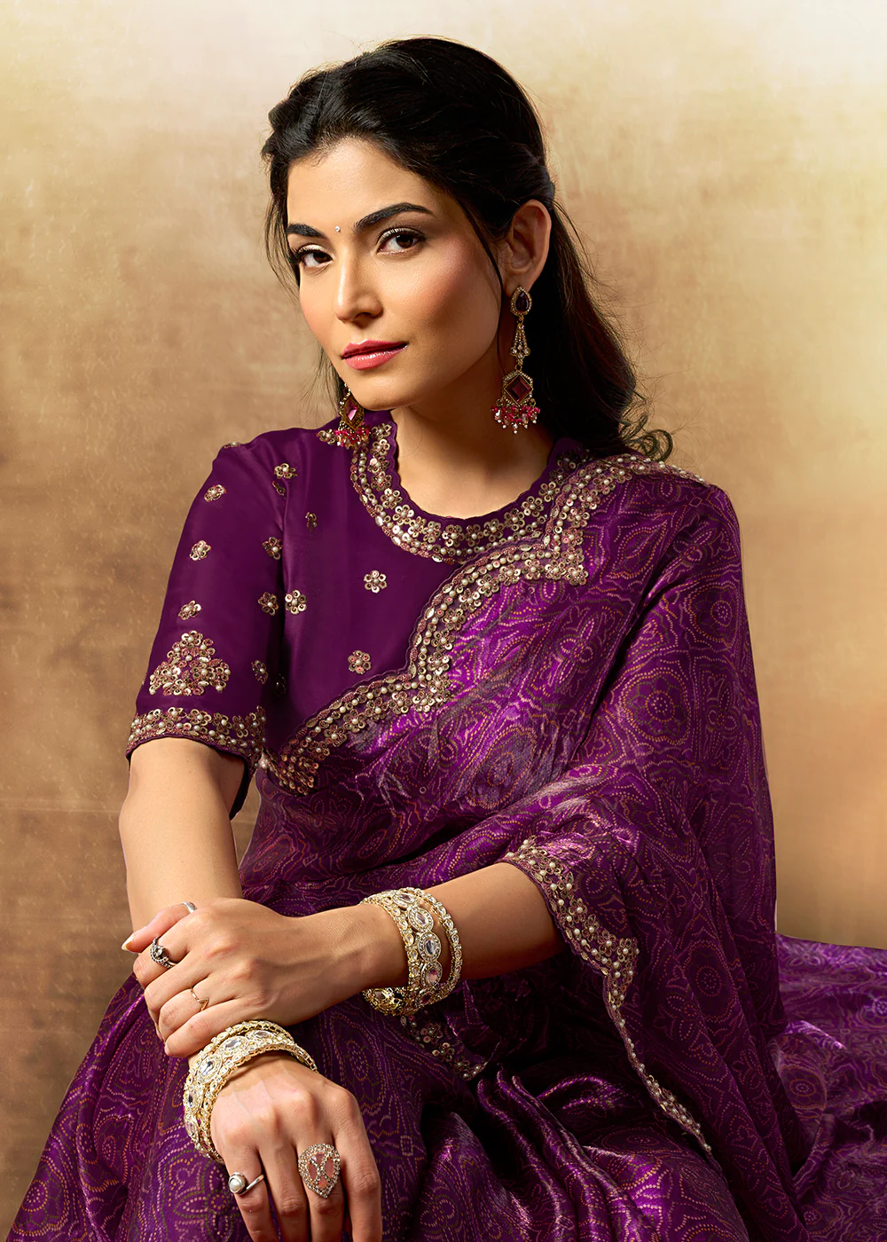 Deep Wine Two Tone Satin Silk Printed & Embroidered Festive Saree - Image 3