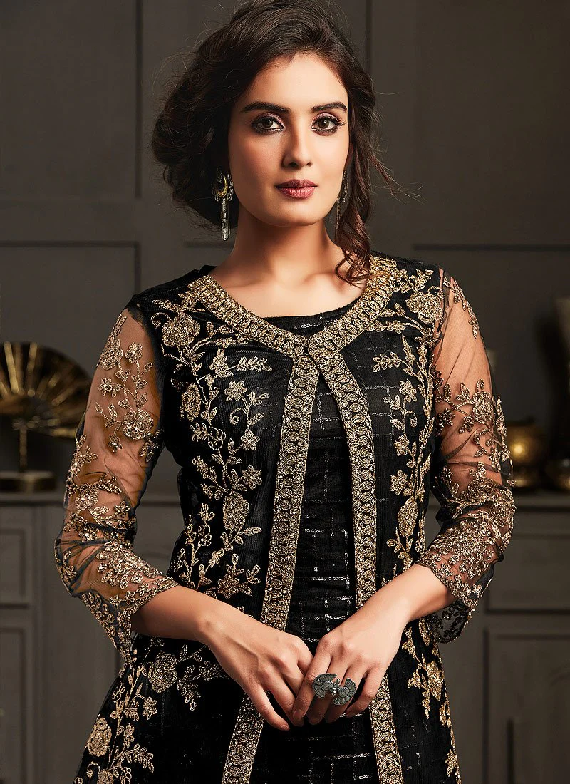 Delightful Black Embroidered Net Jacket Style Suit - Image 2