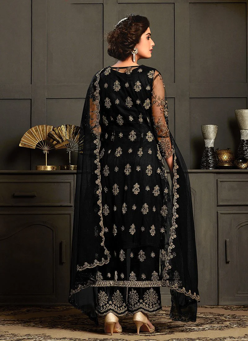 Delightful Black Embroidered Net Jacket Style Suit - Image 3