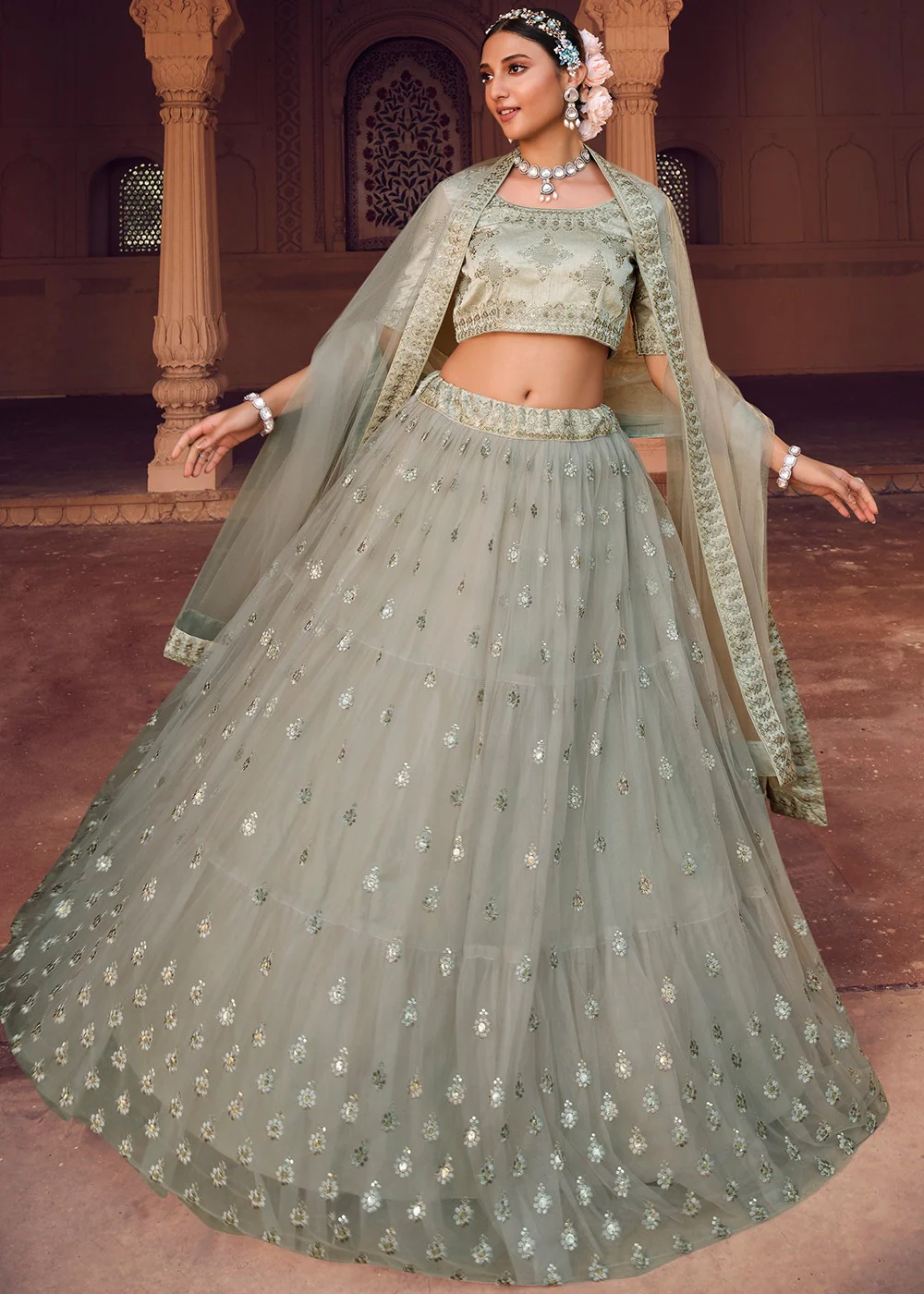 Delightful Grey Net Tiered Heavy A Line Lehenga Choli - Image 3