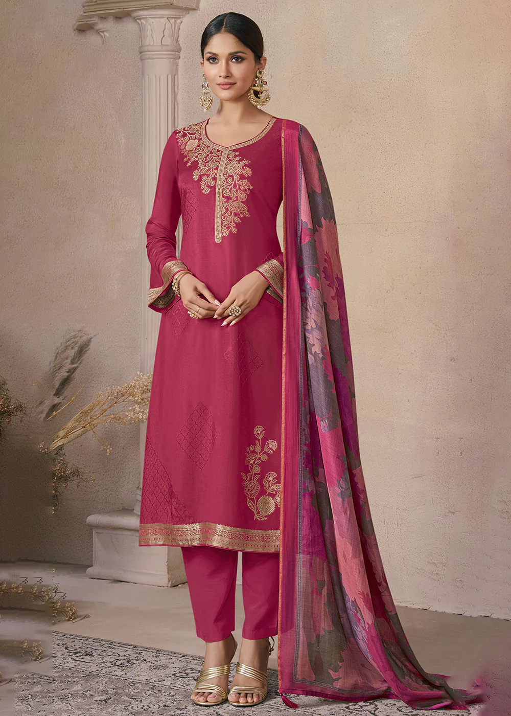 Delightful Pink Muslin Silk Pant Style Salwar Suit