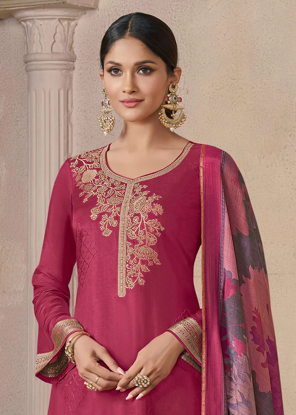 Delightful Pink Muslin Silk Pant Style Salwar Suit - Image 2