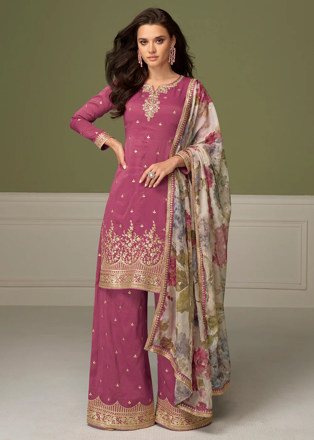 Delightful Pink Shimmer Silk Function Palazzo Suit
