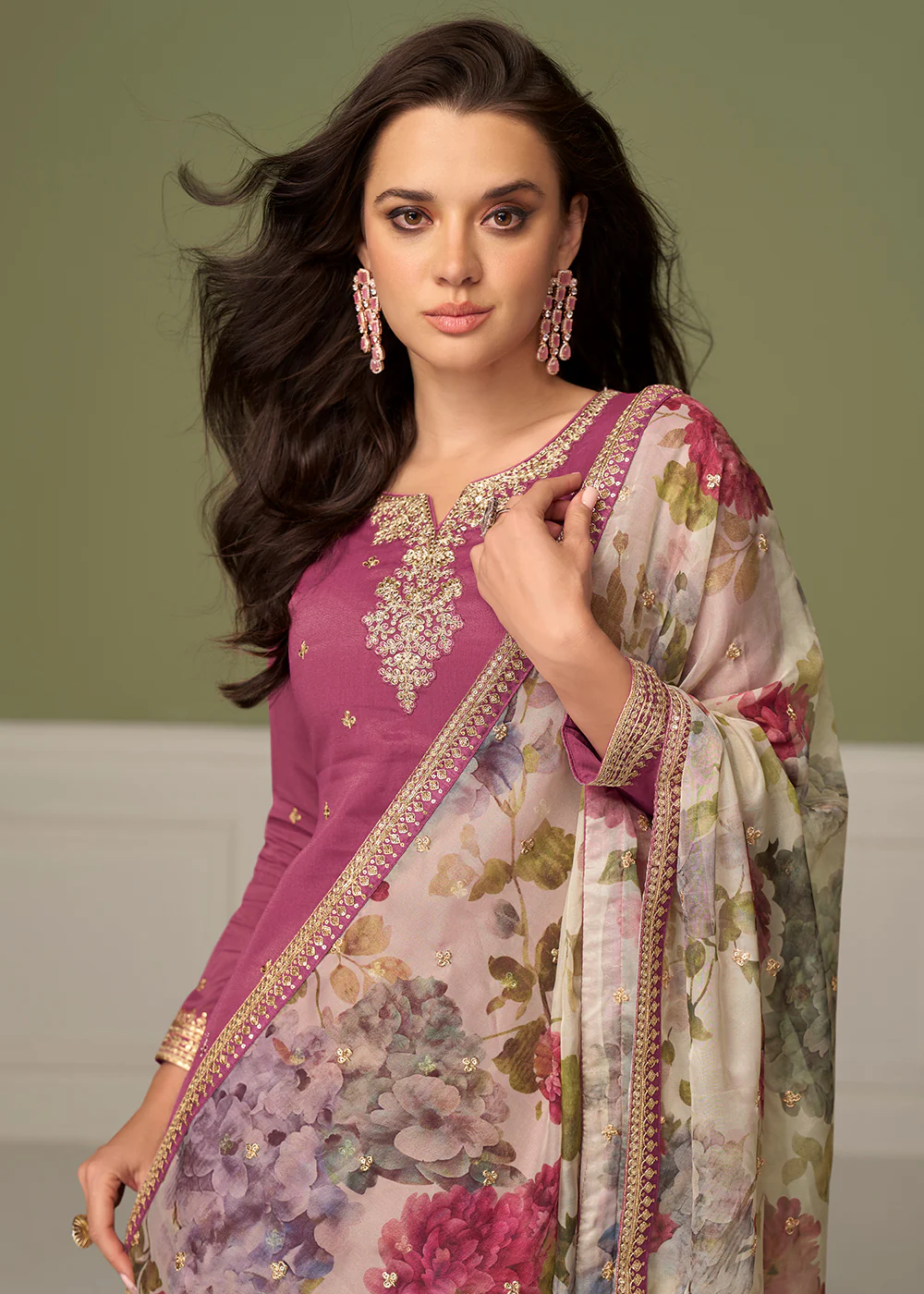 Delightful Pink Shimmer Silk Function Palazzo Suit - Image 2