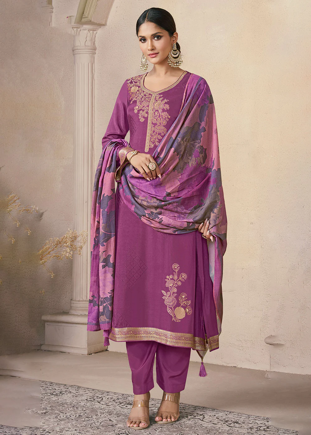 Delightful Purple Muslin Silk Pant Style Salwar Suit