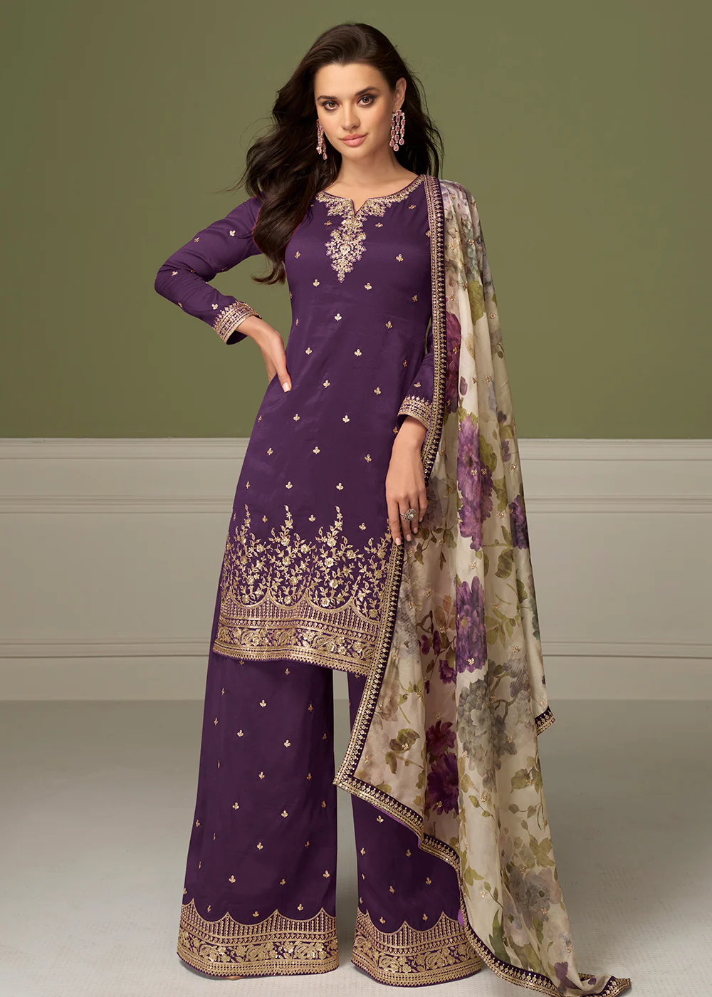 Delightful Purple Shimmer Silk Function Palazzo Suit