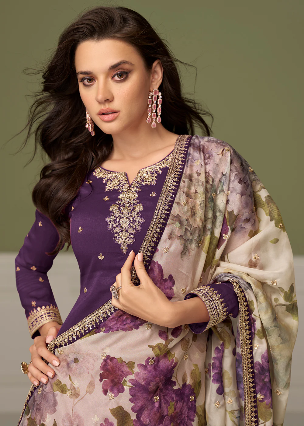 Delightful Purple Shimmer Silk Function Palazzo Suit - Image 2