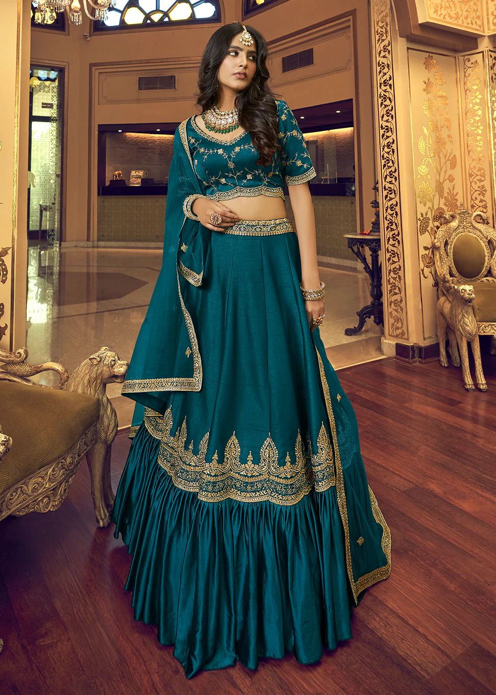 Delightful Rama Blue Lino Silk Ruffle Party Wear Lehenga Choli - Image 3