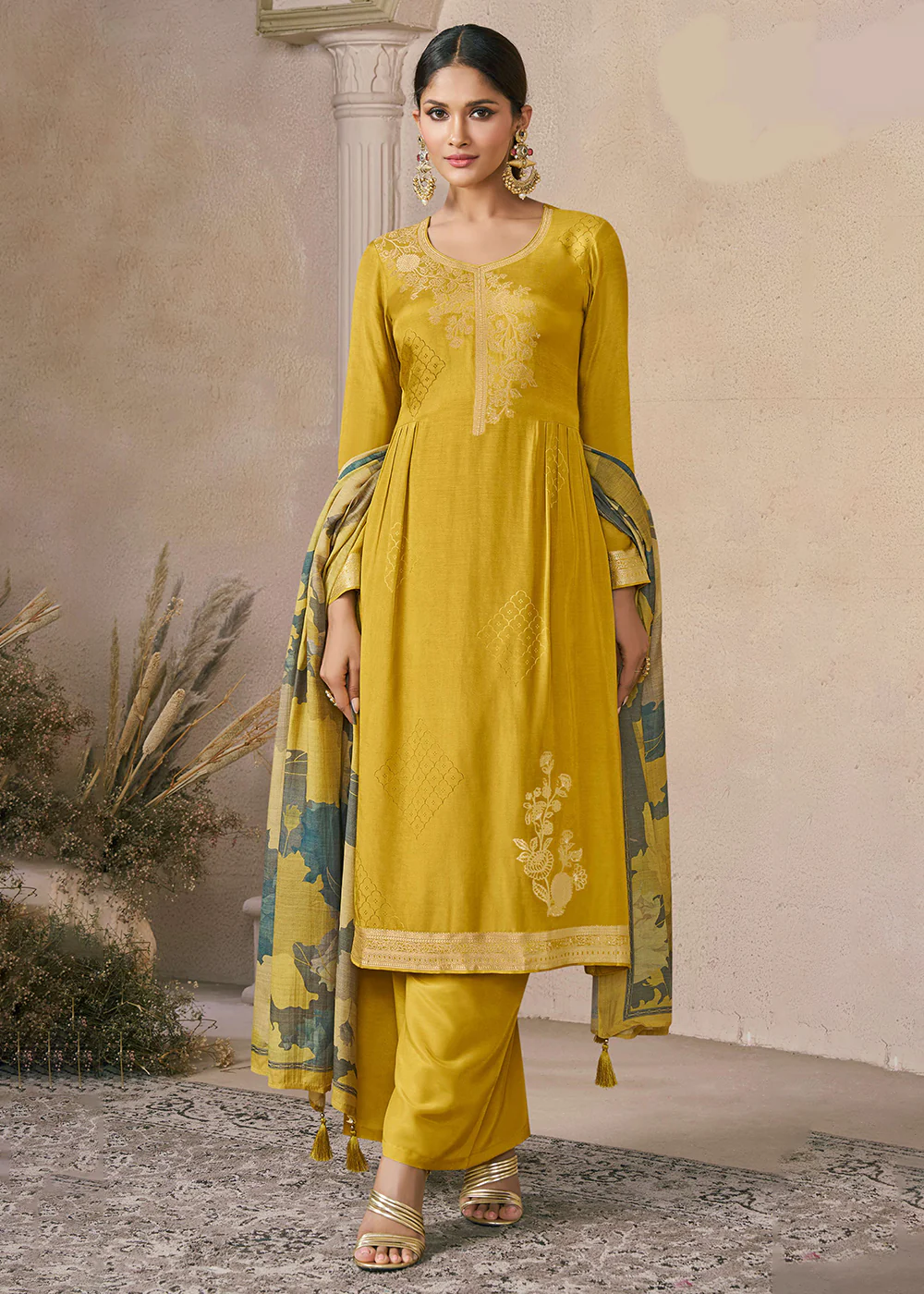 Delightful Yellow Muslin Silk Pant Style Salwar Suit