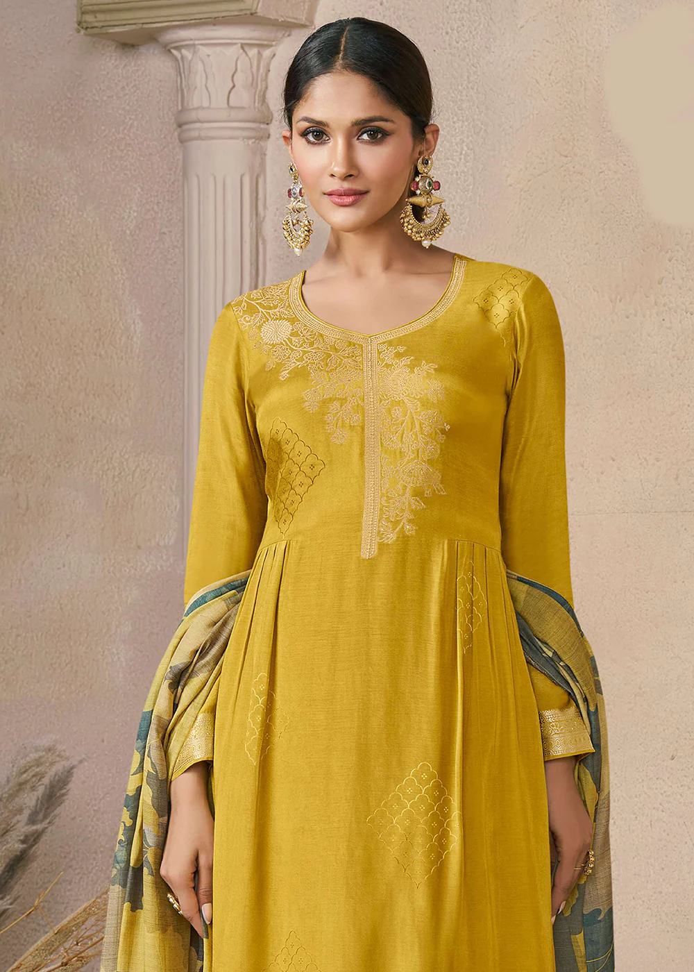 Delightful Yellow Muslin Silk Pant Style Salwar Suit - Image 2