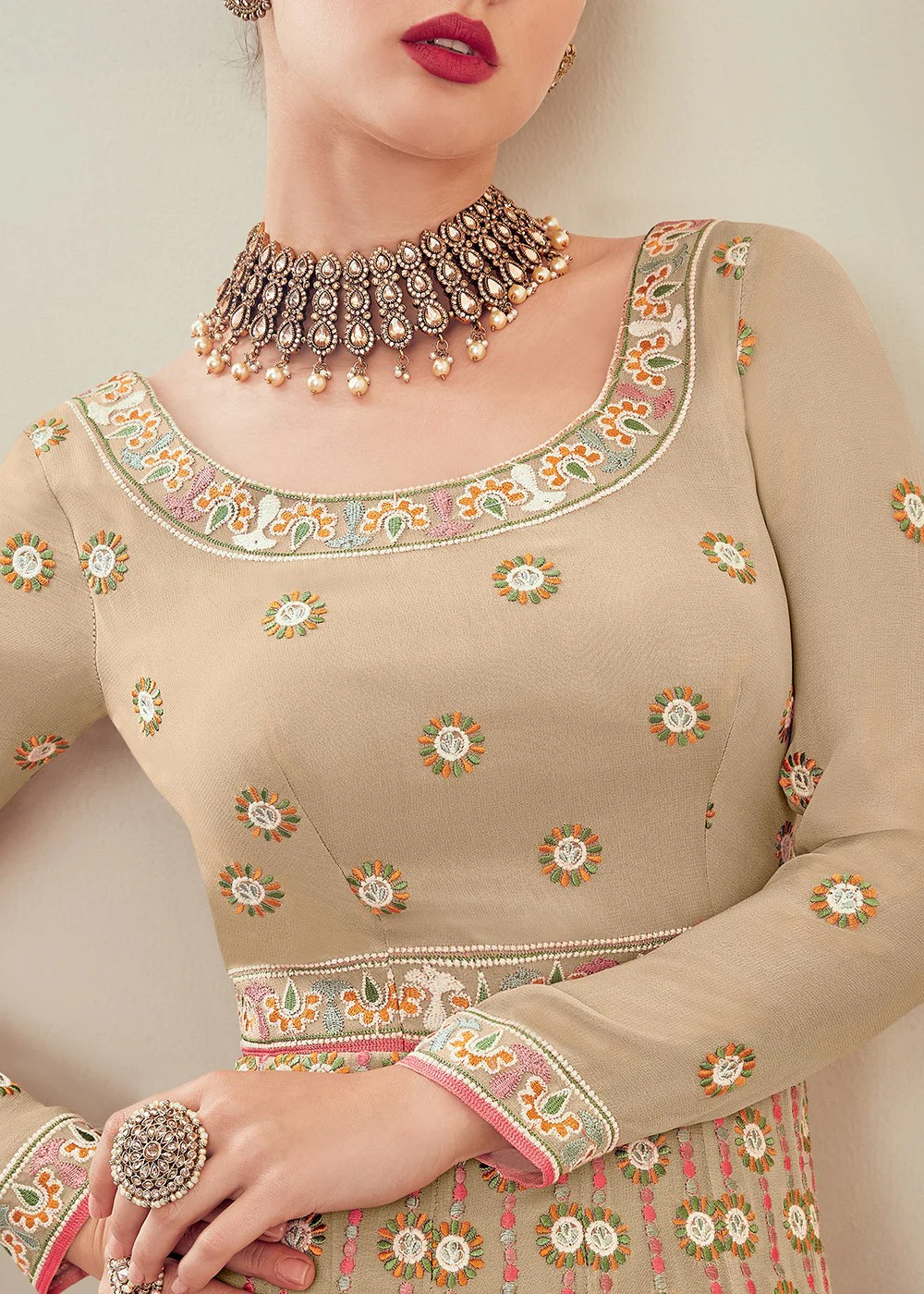 Demure Beige Multi Thread Embroidered Anarkali Suit - Image 2