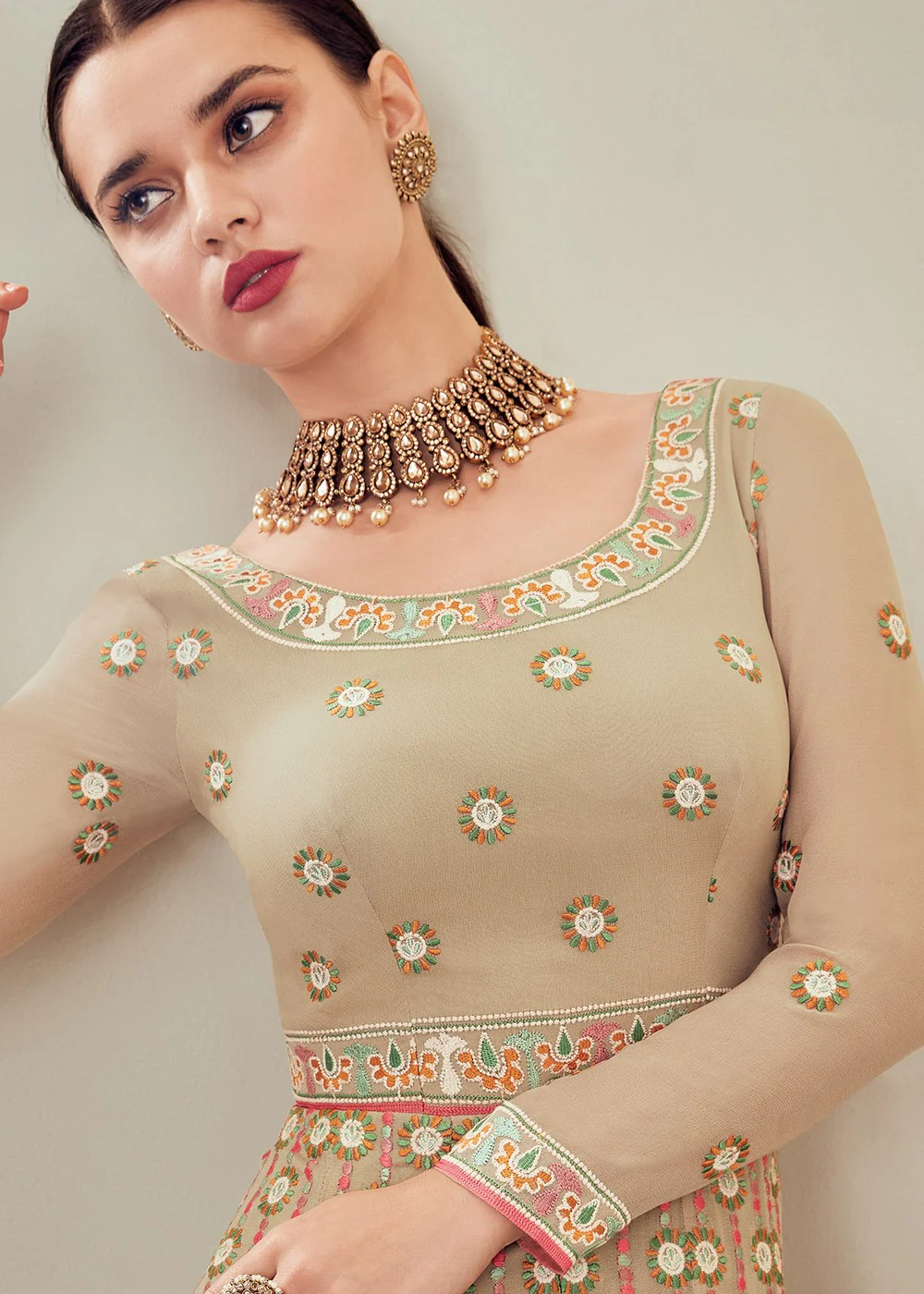 Demure Beige Multi Thread Embroidered Anarkali Suit - Image 3