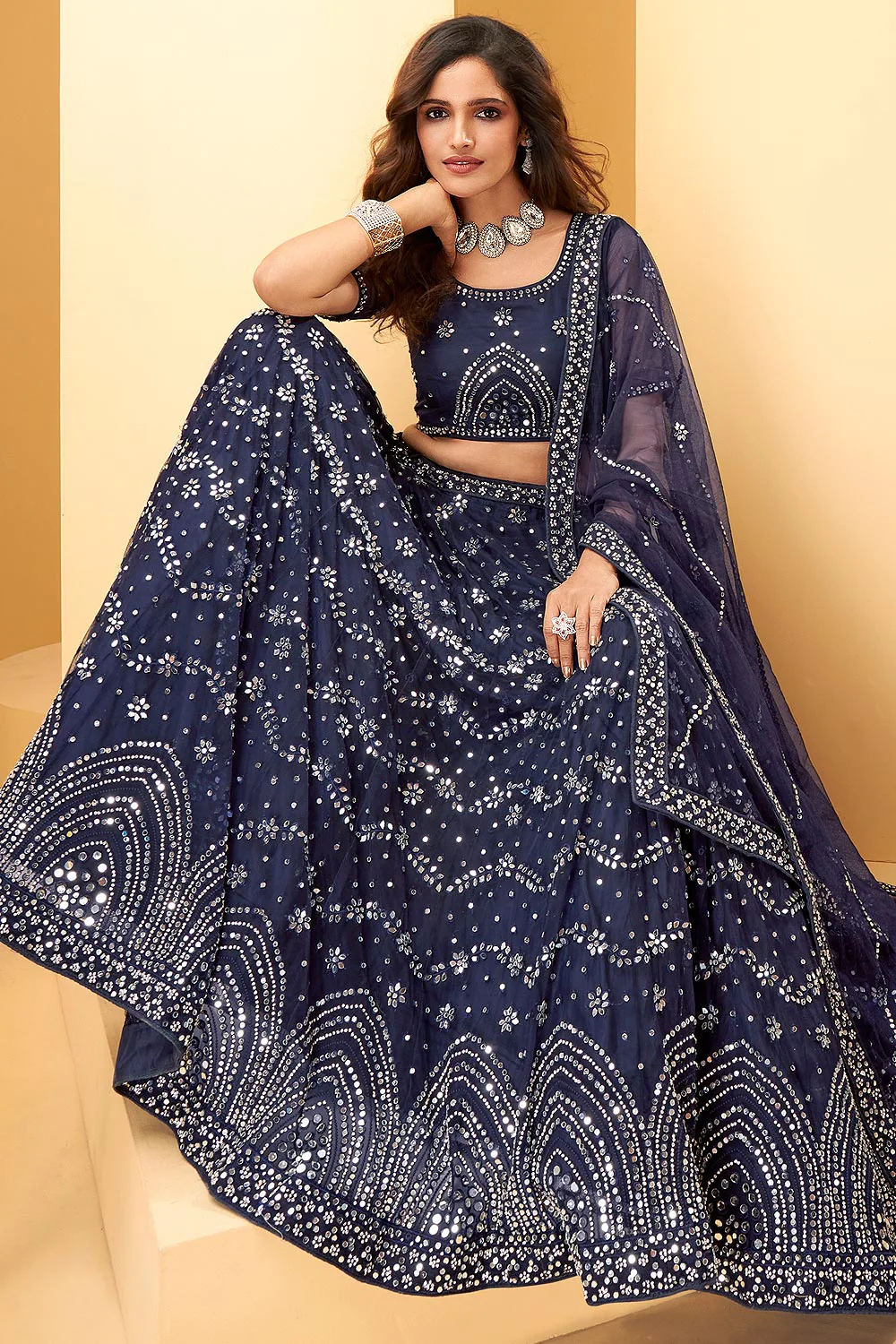 Denim Blue Mirror Work Embroidered Wedding Lehenga - Image 3