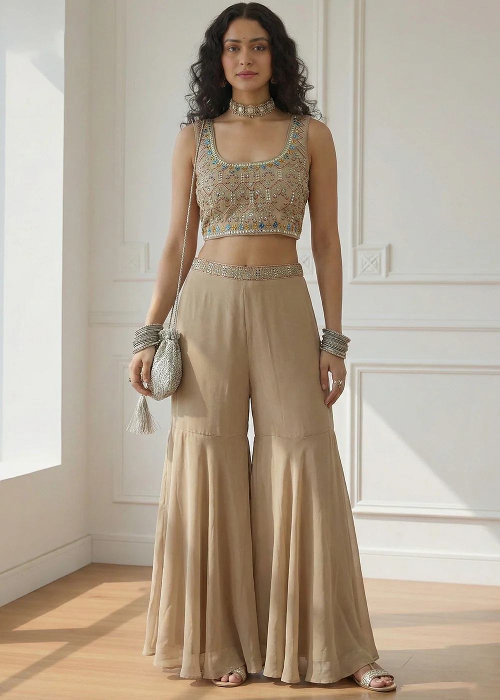 Designer Beige Stunning Crop Top Style Sharara Suit