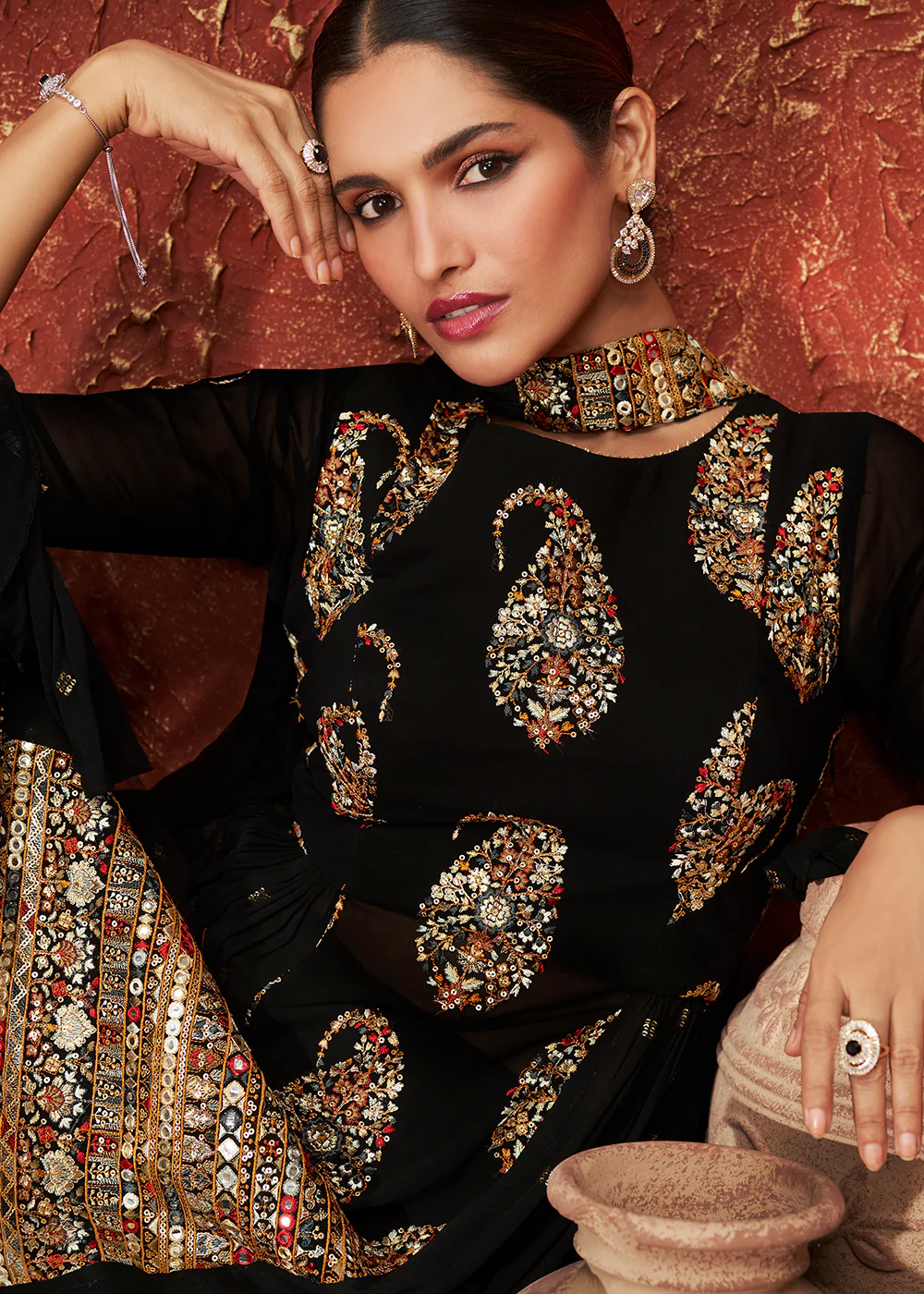 Designer Black Peplum Style with Tiered Sharara Suit for Wedding - Image 3