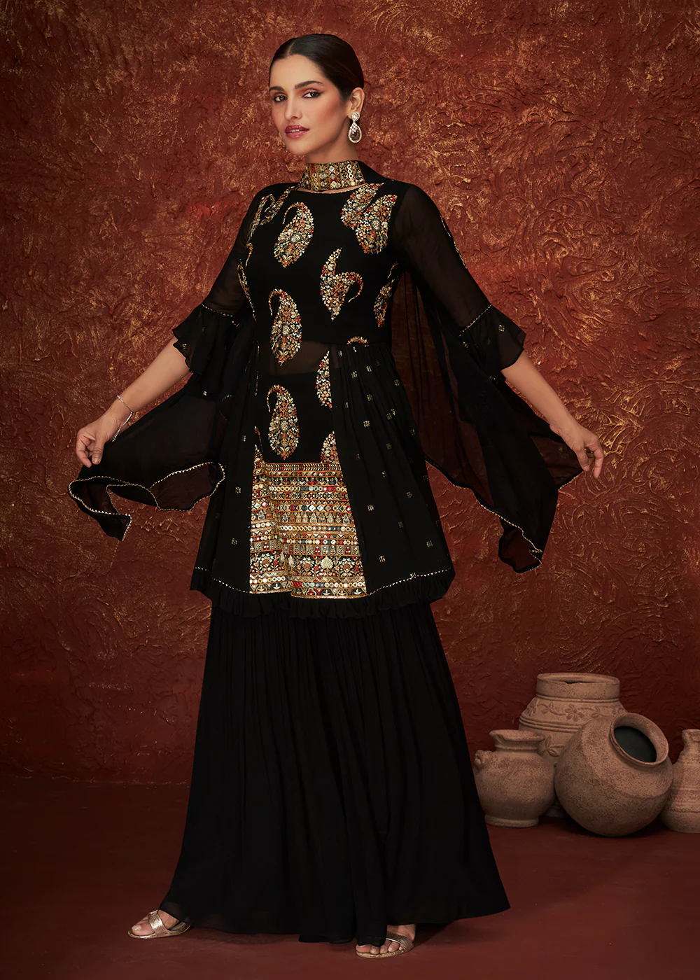 Designer Black Peplum Style with Tiered Sharara Suit for Wedding - Image 4