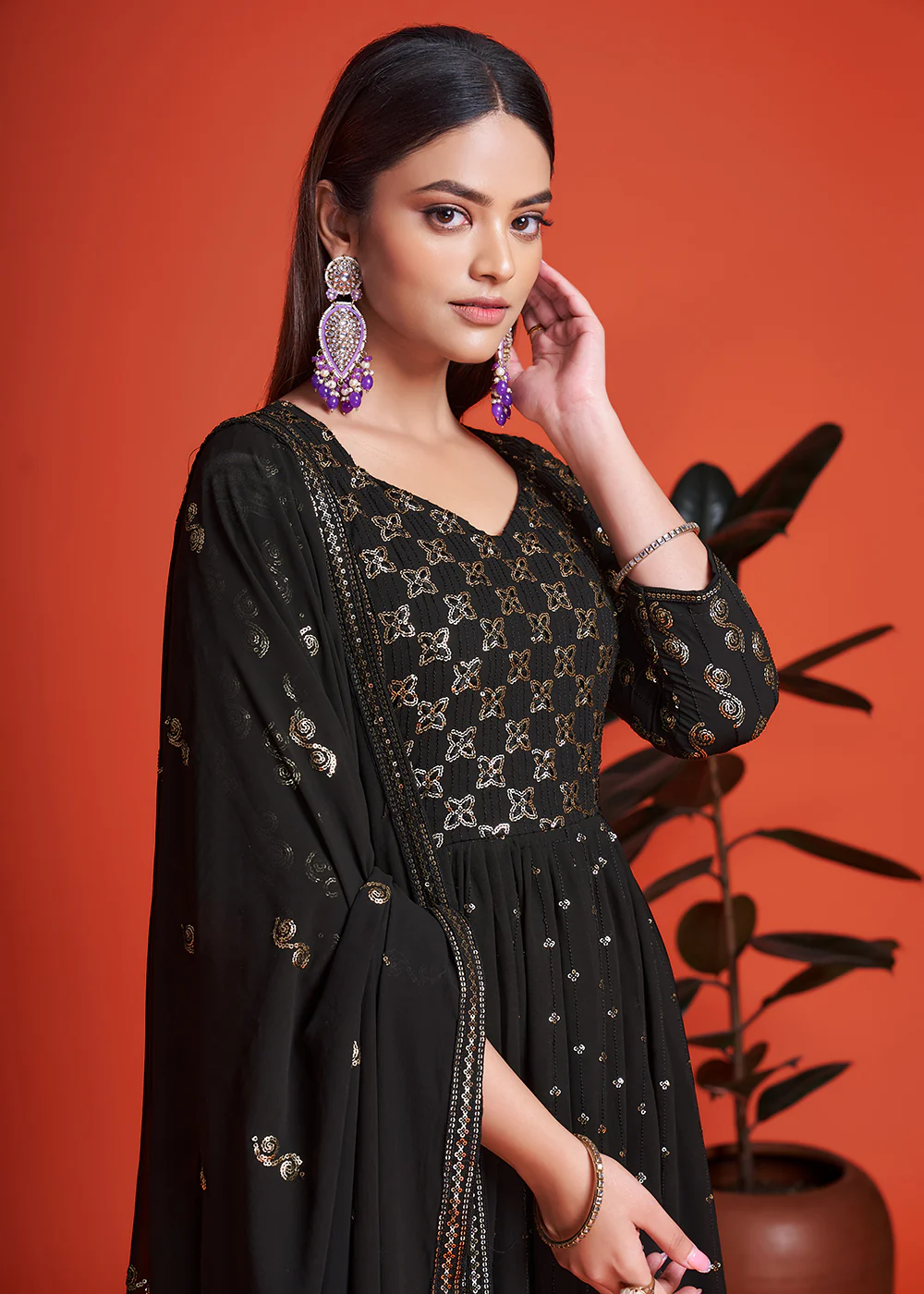 Designer Blooming Georgette Jade Black Long Anarkali Gown - Image 2