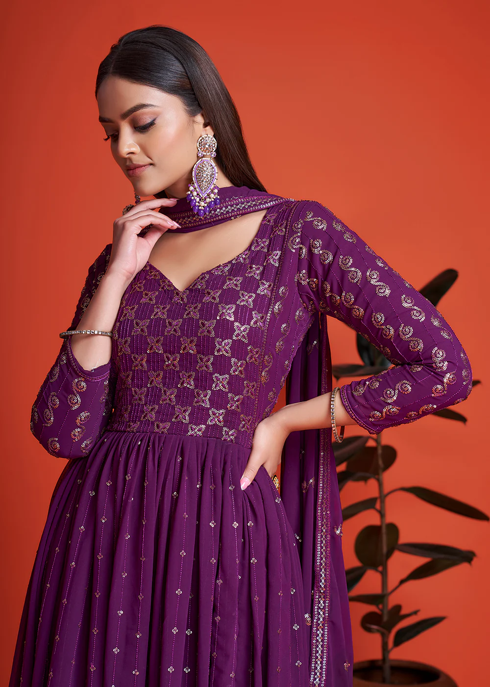 Designer Blooming Georgette Plum Purple Long Anarkali Gown - Image 2