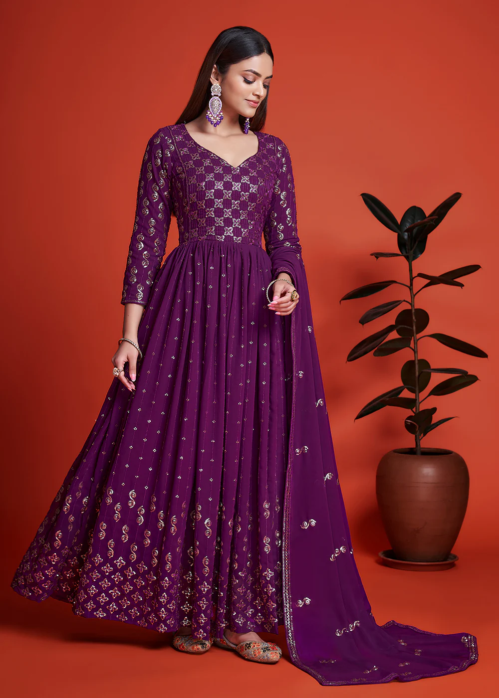 Designer Blooming Georgette Plum Purple Long Anarkali Gown - Image 3