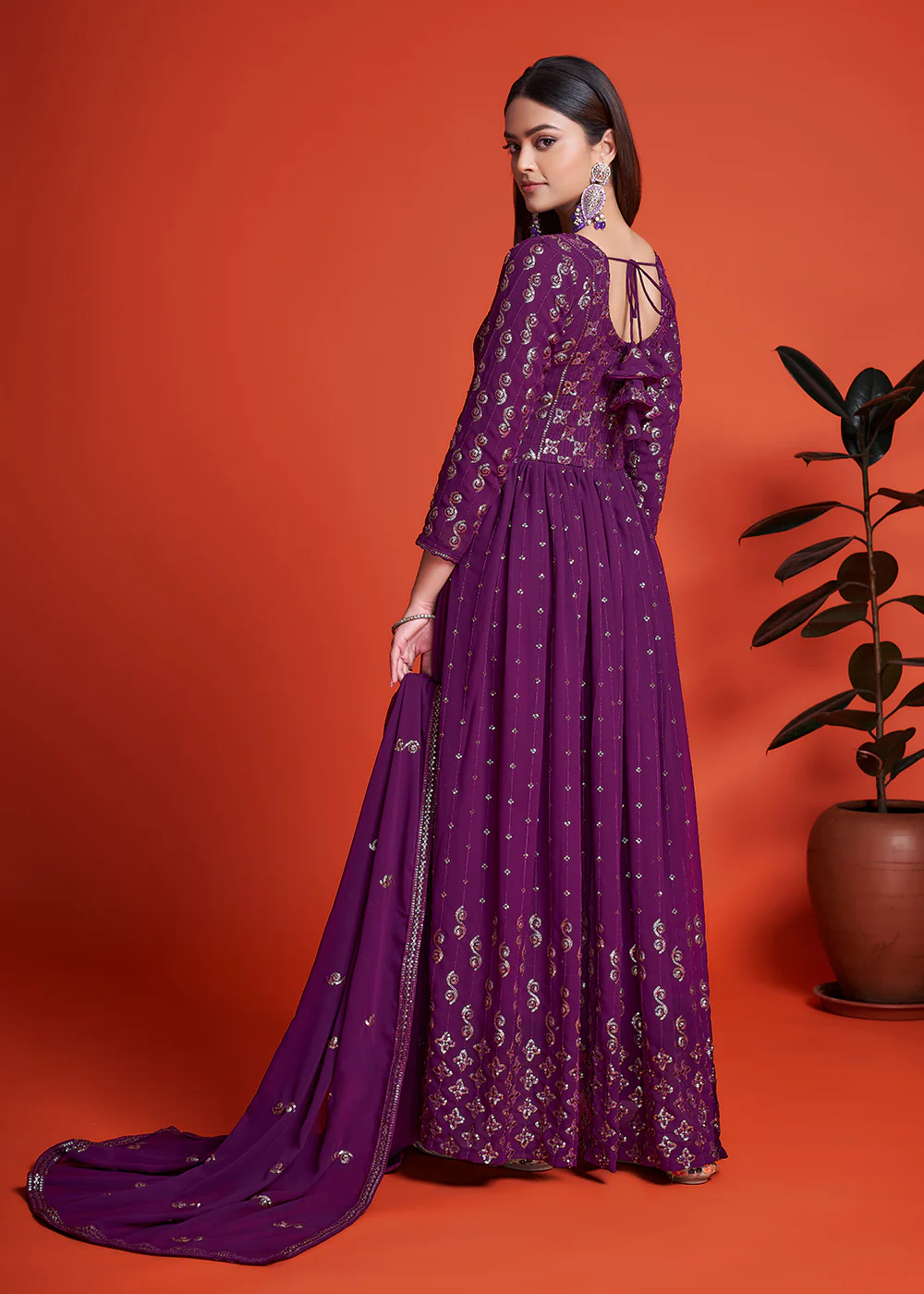 Designer Blooming Georgette Plum Purple Long Anarkali Gown - Image 4