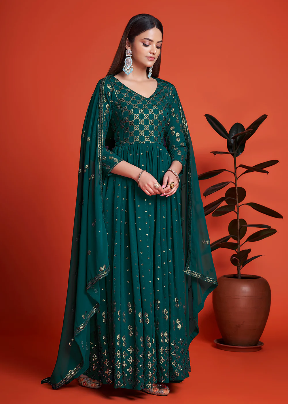 Designer Blooming Georgette Rama Blue Long Anarkali Gown - Image 3