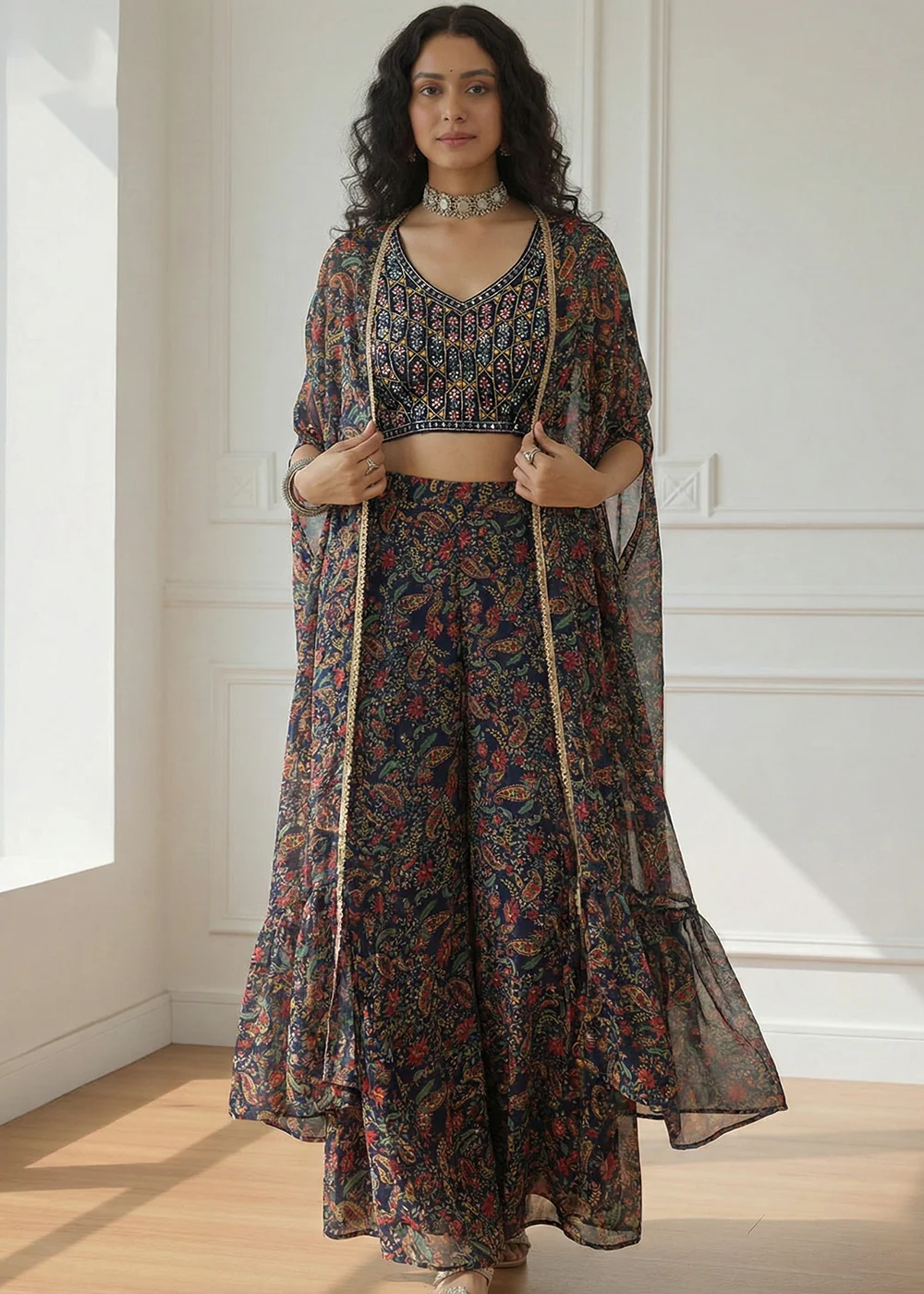 Designer Blue Stunning Crop Top Style Sharara Suit - Image 2